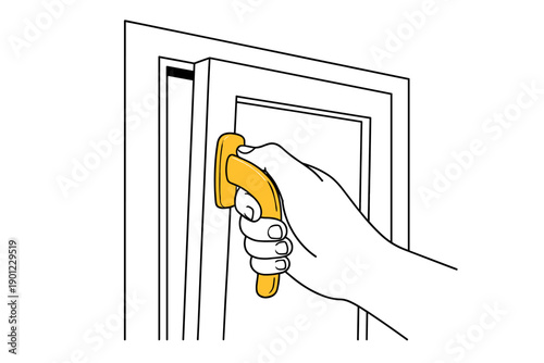 Hand gripping yellow door handle on open door frame in minimalist illustration
