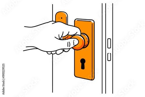 Hand turning orange door knob on white door