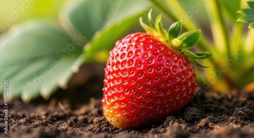 A fresh organic ripe strawberry lies on green grass in a natural summer garden, showcasing a juicy red macro closeup of this healthy sweet delicious fruit dessert