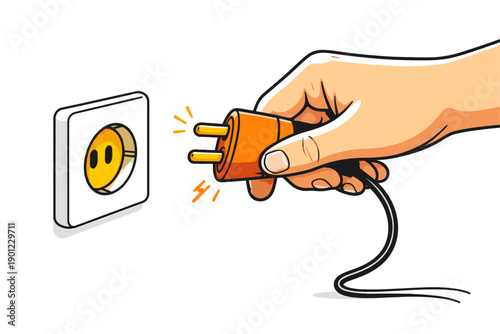 Cartoon hand plugging orange electrical cord into wall socket with sparks