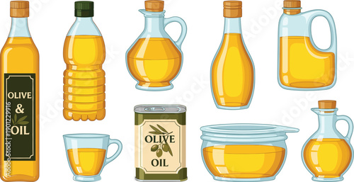 Olive Oil Bottles and Containers Collection Glass and Tin Packaging Illustration
