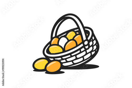Cartoon easter basket with colorful eggs on white background