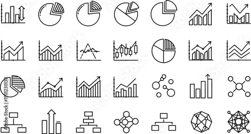 Business analytics and data chart line icon set, statistics graphs growth report visualization vector illustration collection