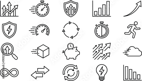 Business growth and performance line icons set, speed efficiency progress analytics success symbols outline vector illustration