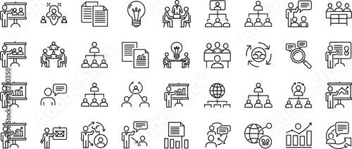 Business meeting and teamwork line icon set, management communication strategy presentation collaboration symbols outline vector illustration