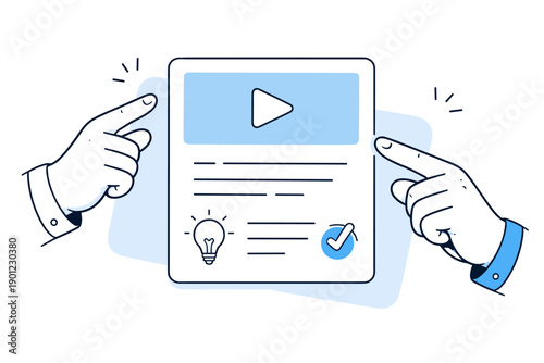 Interactive digital learning concept with hands pointing to educational video icon