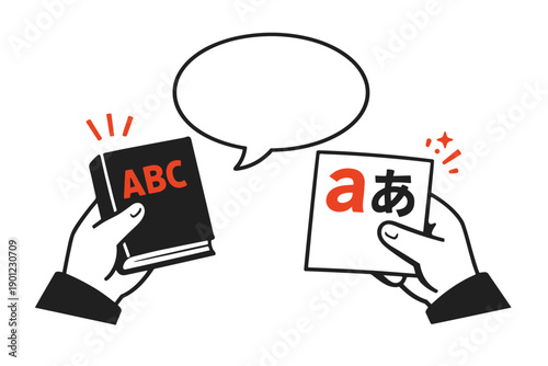 Hands holding english and japanese language books with speech bubble