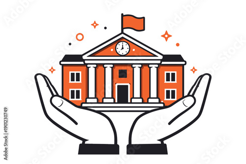 Hands holding orange building with flag and clock symbolizing protection and care