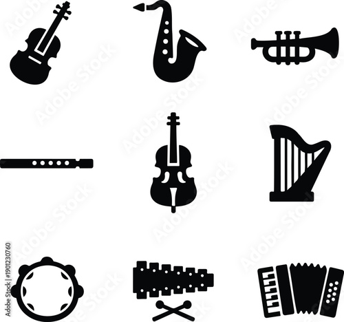 Professional Musical Instruments Icon Set Featuring Violin Saxophone Trumpet and Harp for Design