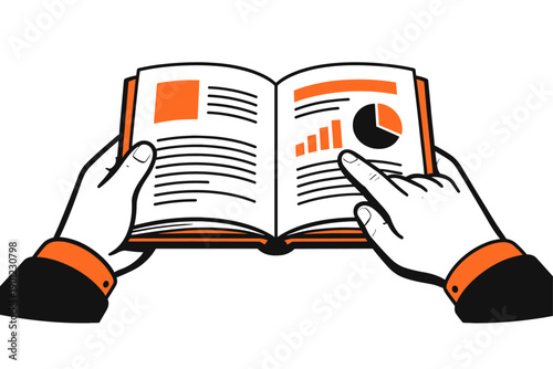 Hands reading illustrated book with graphs and charts on white background
