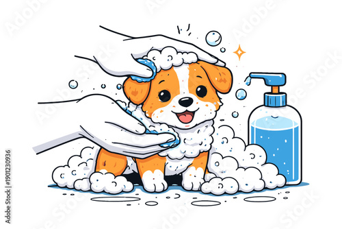 Adorable puppy bath time with soap and bubbles