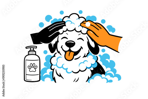 Happy dog enjoying bath with foamy bubbles and playful hands