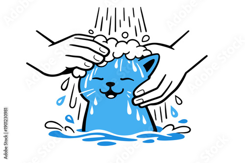 Playful cartoon cat enjoying bubble bath with gentle hands