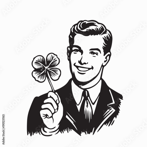 Smiling Man Holding Clover Four Leaves Image Vector Isolated on White Background