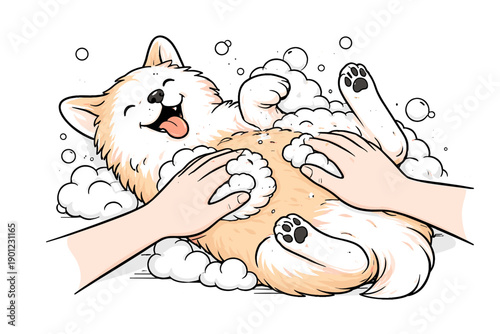 Happy corgi enjoying a relaxing bath with bubbles and gentle hands