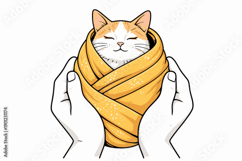 Cute cat wrapped in cozy blanket held by hands