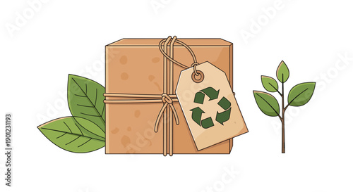 Environmentally conscious package made from recycled cardboard, adorned with a green leaf and a plant sprout, promoting