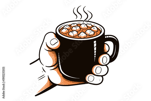 Hand holding mug of hot chocolate with marshmallows - vector illustration