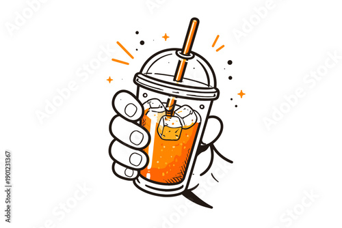 Hand holding bubble tea cup with stars and ice cubes - cartoon style drawing