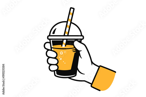 Hand holding orange beverage cup with straw and lid