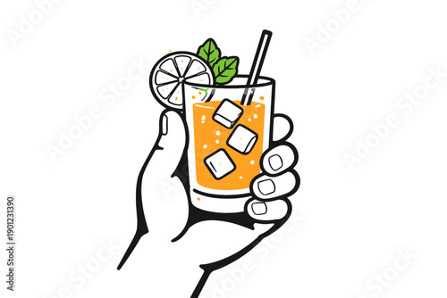 Hand holding citrus cocktail with lime and mint