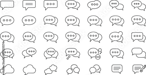 Chat and message bubble line icon set, communication dialogue speech conversation symbols outline vector illustration collection