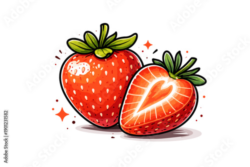 Fresh whole and halved strawberries with heart-shaped cut