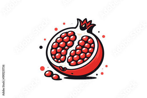 Illustrated pomegranate cut open with seeds on white background