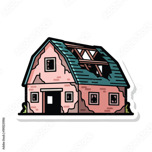 Damaged house with cracked walls and broken roof, distressed architecture, vector illustration, building damage, structural, disaster, destruction, decay, house, repair