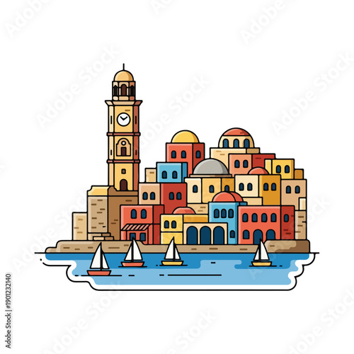 Colorful Mediterranean coastal town illustration with tower, buildings, and sailboats in the harbor