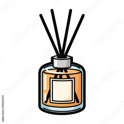An illustration of a reed diffuser bottle with sticks on a white surface viewed from the front pektor646.eps