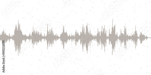 A black and white grunge background features a digital music wave illustration and a city silhouette vector design with an audio equalizer graph