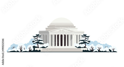 Grand Jefferson Memorial Building Adorned with Snow in a Serene Winter Landscape under Blue Sky