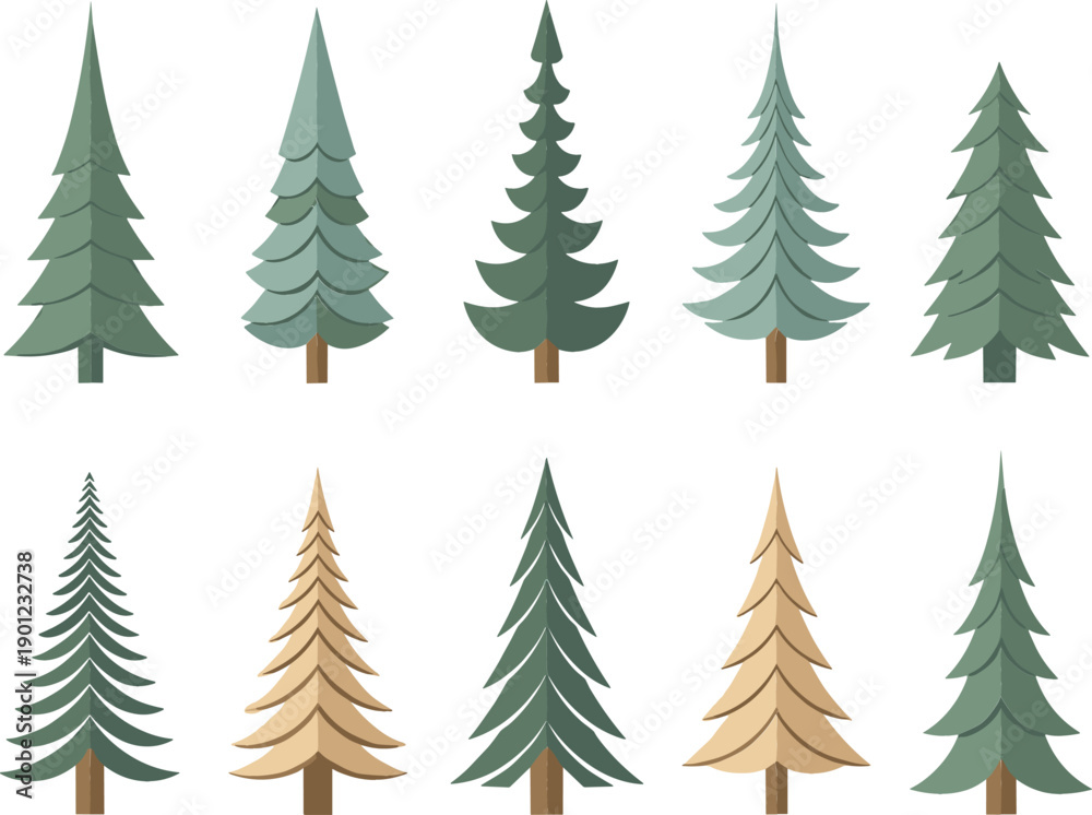 Obraz premium Pine and fir tree illustration set with different evergreen shapes and colors representing forest, nature and winter landscape isolated on white background flat vector
