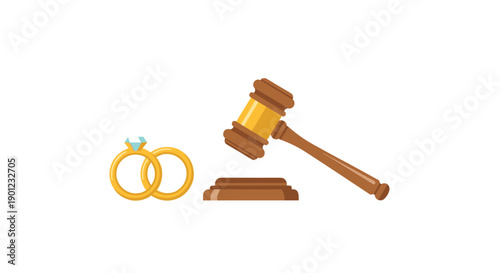 Golden Wedding Rings with a Diamond and Judge's Gavel on Block Representing Marriage and Justice