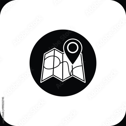 A black and white icon of a map with a location pin