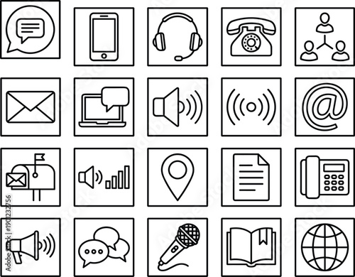 Communication and media icon set featuring messages phones email chat microphone network mailbox wifi location book globe outline vector illustration