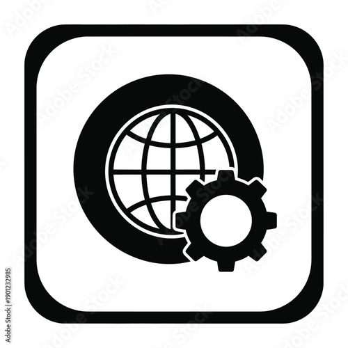 Black and white icon of a gear and globe in a square with rounded corners