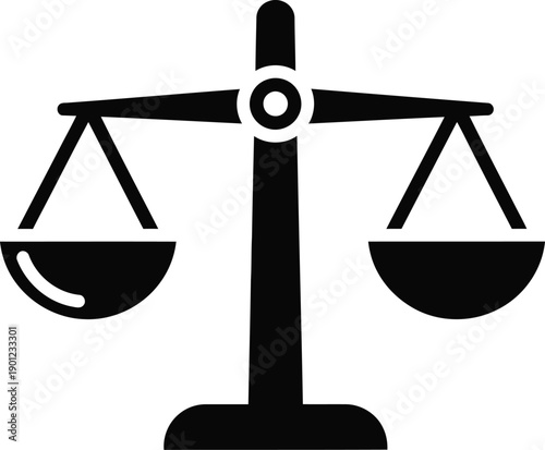 A black and white image of a balanced scale icon