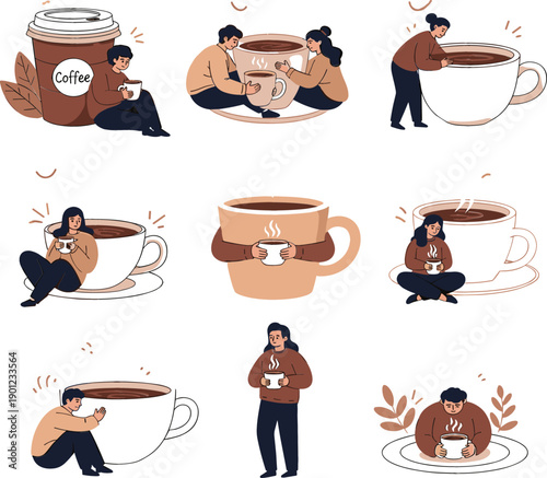 Coffee lovers character illustration set with people hugging, drinking and enjoying oversized cups representing caffeine break, relaxation and cozy lifestyle moments flat vector style