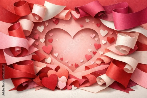 A vibrant, heart-themed composition with layered ribbons and scattered hearts, perfect for romantic occasions and celebrations.