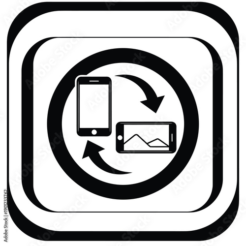 Black and white icon of mobile phone and tablet sharing content with arrows
