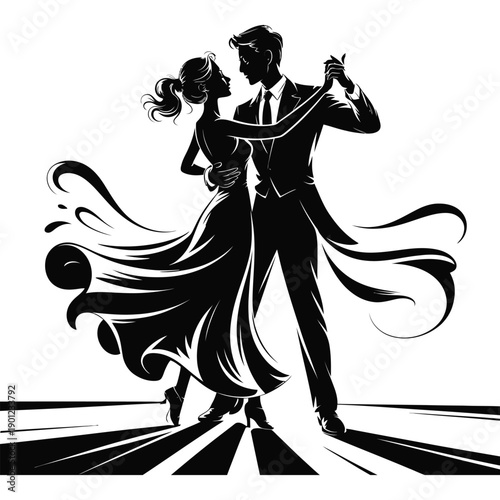 Elegant couple dancing ballroom dance in formal attire showing graceful movement with flowing dress in high contrast black and white silhouette style for romance and arts concepts