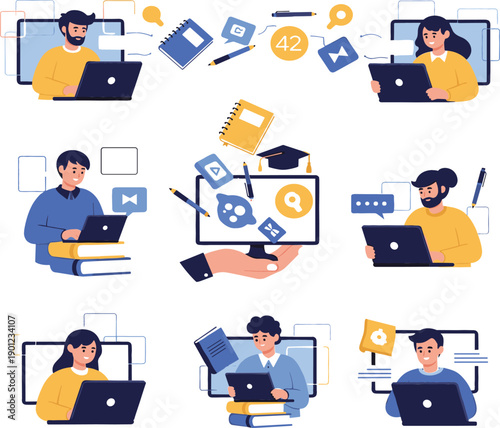 Online education and e learning illustration set with students using laptops, digital study tools, video lessons and academic icons representing remote learning flat vector style