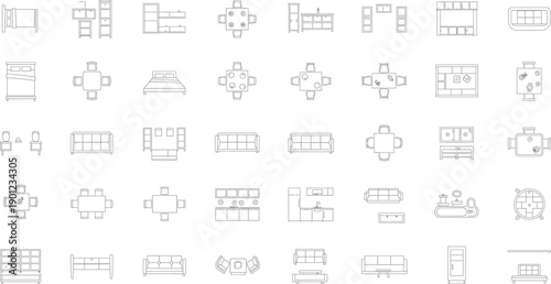 A collection of various furniture line icons isolated on transparent background