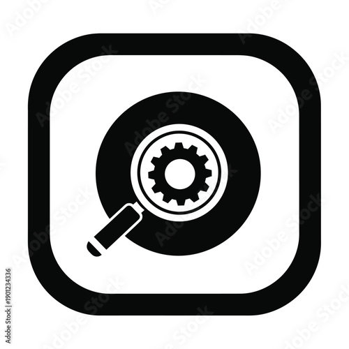 Black and white icon of a magnifying glass over a gear on a with a black border