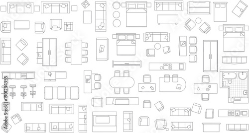 A collection of various technical and architectural blueprint icons isolated on transparent background