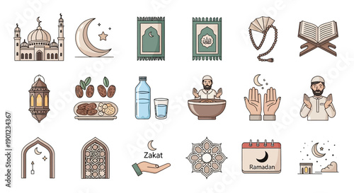 Ramadan Icon Set for Cultural and Religious Celebrations Globally 