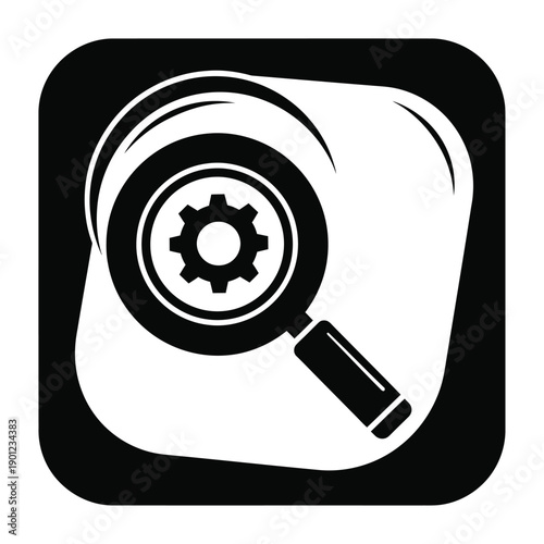 Black and white icon of a magnifying glass with a gear inside