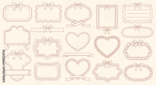 Vintage style icon labels with bows and hearts on beige background